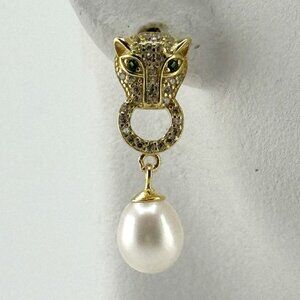 Gold plated sterling silver earrings, panther head, CZs, freshwater pearl, NWOT